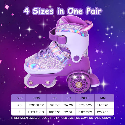 4 Nattork Toddler Roller Skates for Girls, Adjustable Sizes Tri-Wheel Skates for Beginner Kids with Light-Up Wheels