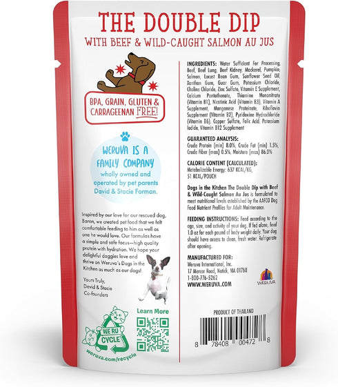 Weruva Dogs in The Kitchen, The Double Dip with Beef & Wild-Caught Salmon Au Jus Dog Food, 2.8oz Pouch (Pack of 12), Red