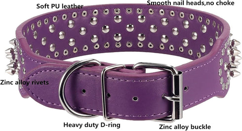 Hoot PU Leather Adjustable Spiked Studded Dog Collar, 2" Wide, 37 Spikes, M (Neck 19"-22"), Purple