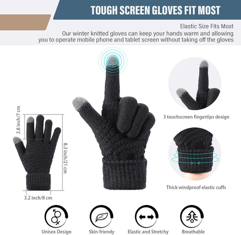 Winter Beanie Hat, Neck Warmer, Touchscreen Gloves Set, Fleece Knitted Caps, Circle Loop Scarf for Men Women