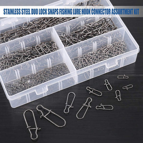 Glarks 250Pcs Strong Stainless Steel Duo Lock Snaps & Swivel Rings - Fishing Lure Hook Connector Assortment Kit