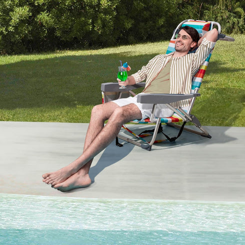MUCDBPS 5 Folding Beach Chair Lightweight, Folding Webbed Lawn Beach Chair for Adults with Headrest and Cup Holder,Low