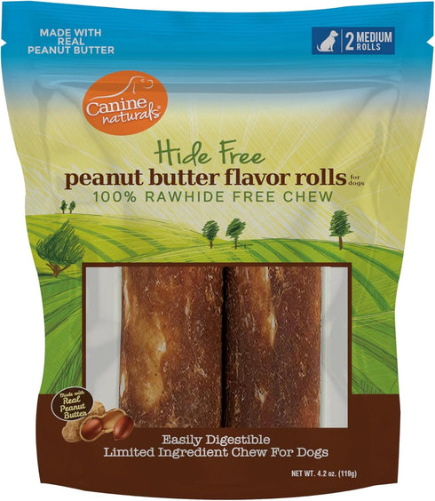 Canine Naturals Peanut Butter Chew Dog Treats - 100% Rawhide Free, All-Natural, 2 Pack of 4 Inch Rolls for Dogs 20-50lb