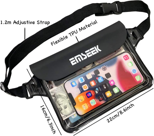 Waterproof Waist Pouch Dry Belt Bag - Fanny Pack to Keep Key Fob, Wallet, Kindle, Phone Dry, Black