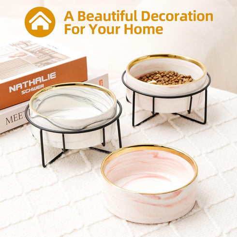 Dazzling Ceramic Elevated Cat Bowls, Raised Dog & Cat Food Water Bowls for Indoor Use (Pink)
