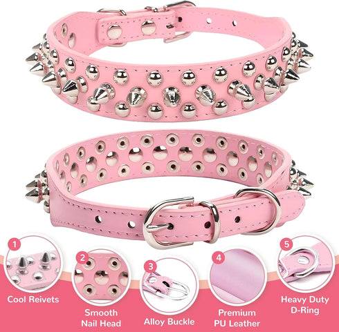Spiked Pink Soft PU Leather Dog Collar with Funny Mushrooms Rivet Spike for Small Medium Large Dogs