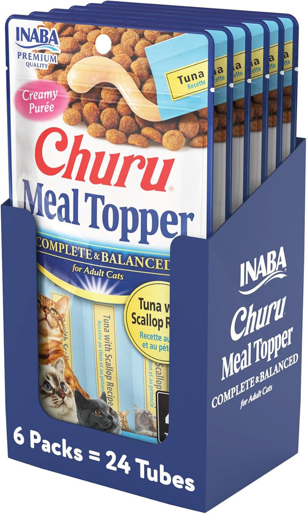 INABA Churu Meal Topper for Cats, Complete & Balanced, Creamy Lickable Purée, 0.5 Ounce Tube, 24 Tubes (4 per Pack),