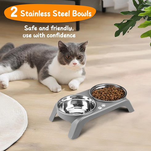 Elevated Cat Bowls - Anti-Vomiting Raised Stand with 2 Thick Stainless Steel Bowls, Grey