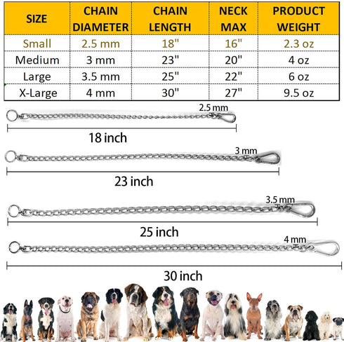 Dog Chain Collars - 304 Stainless Steel Chew Proof Necklace for Small, Medium & Large Dogs Training and Walking