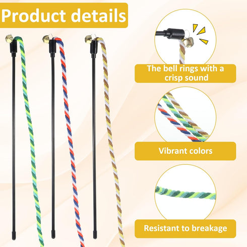 Xthrotsenk 3Pcs Cat Teaser Wand Cat Rope Toy Colorful Cats Rope Toy Interactive Kitten String Wands Ropes Toys