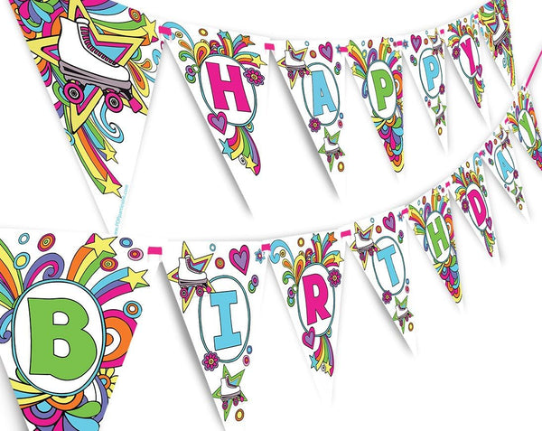 Roller Skating Rainbow Happy Birthday Banner, Pennant