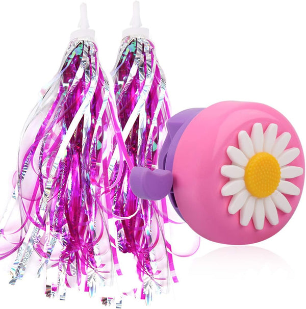U-LIAN Kids Streamers and Bike Bell for Girls, 1 Pack Flower Bicycle Bell with 2 Pack Handlebar Streamers