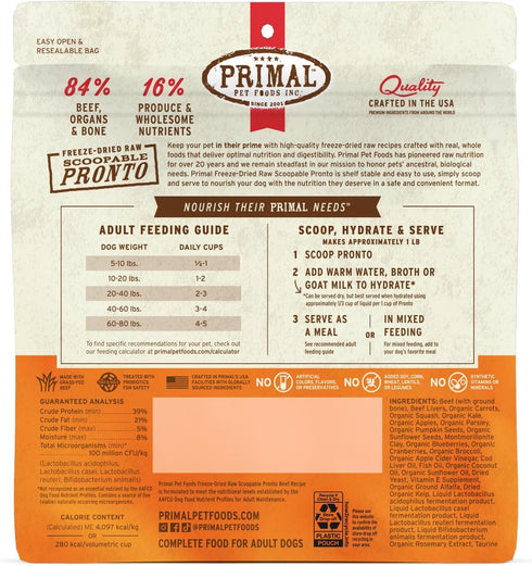 (7 oz) Primal Freeze Dried Dog Food, Pronto Mini Nuggets, Beef; Scoop & Serve, Complete & Balanced Meal; Also Use as