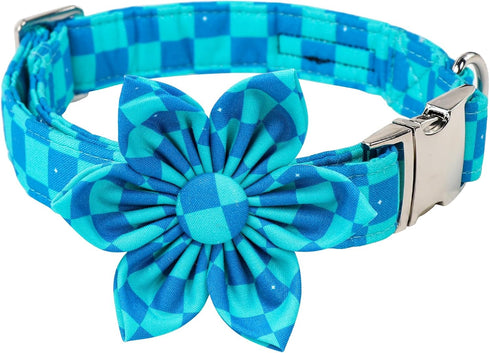 Maca Bates Checkered Plaid Mint Green Blue Dog Collar with Flowers, Adjustable Breakaway Cute Accessories for Small
