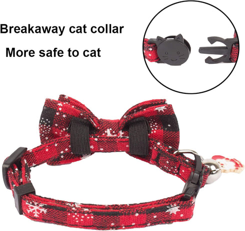 ADOGGYGO Christmas Cat Collar Breakaway with Bow Tie Bell, 2 Pack Red Green Plaid Xmas Kitten Collar