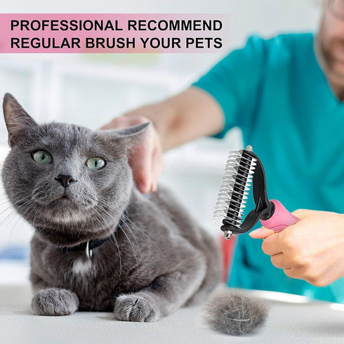 Undercoat Rake for Dogs, 2 Side Brush for Deshedding and Dematting, Professional Grooming Hair Tools for Pets, Pink