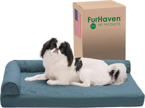 Furhaven Orthopedic Dog Bed for Medium/Small Dogs - Pinsonic Quilted Paw L Shaped Chaise, Removable Bolsters, Washable