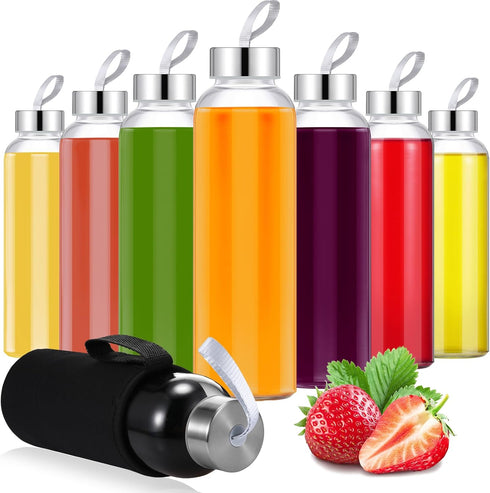 Vesici 12 Set 18 oz Clear Glass Water Bottles, Reusable Juicing Bottles with Protection Sleeve and Lids