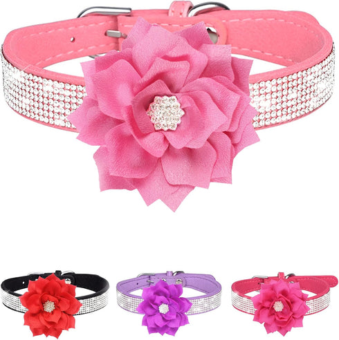 Rhinestone Dog Collar for Small Medium Dogs, Pink XS Flower Collar for Girl Female Dogs, Summer Spring Wedding Puppy