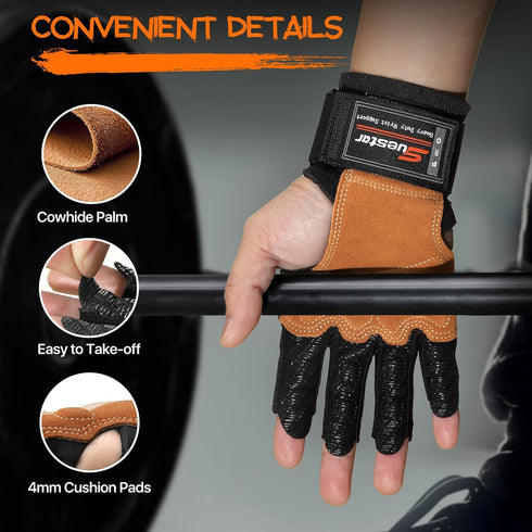 SueStar Workout Gloves, Heavy Duty Cowhide Padded Weight Lifting Gloves with Wrist Support, Full Palm Protection
