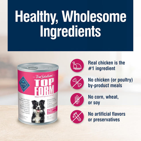 Blue Buffalo True Solutions Top Form Wet Dog Food, Chicken, 12.5-oz. Cans (12 Count) for Active Adult Dogs