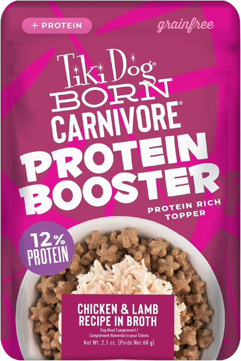 Tiki Dog Born Carnivore Protein Booster Dog Food Topper, Chicken and Lamb Recipe in Broth, 2.1 oz Pouch (12 Count)