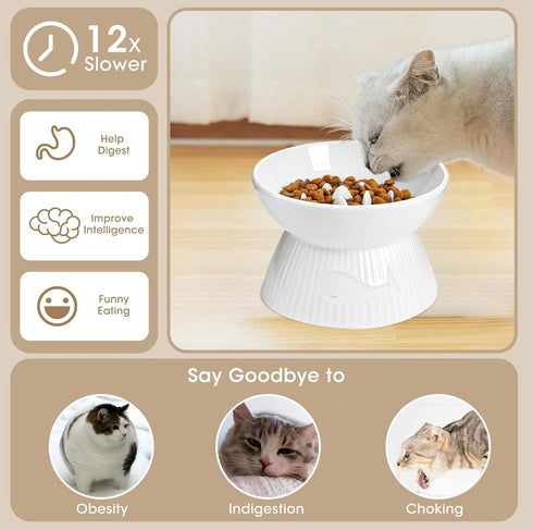 Elevated Slow Feeder Cat Bowl, Stop Vomiting & Choking, Ceramic Cat Slow Feeder Bowl, Spill-Proof & Anti-Tipping, Easy to Clean, No Black Chin, Raised Cat Bowl Slow Feeder for Dry & Wet Food