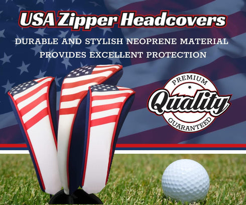 USA Patriot Golf Zipper Head Covers for Driver, 1, 3, 5 Fairway Woods, Neoprene Style, Fits All Clubs