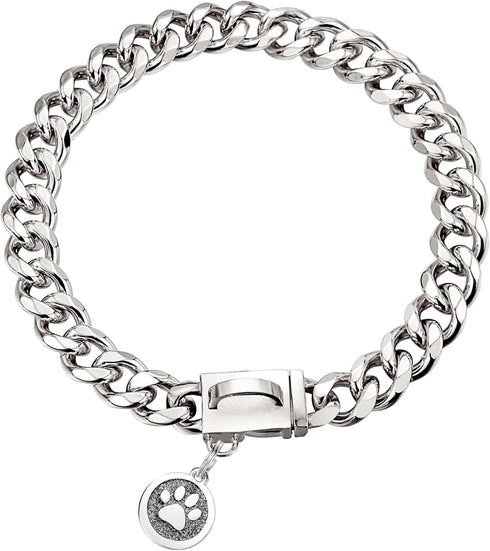 Chain Dog Collar - 15mm Silver Cuban Link with Snap Buckle, Silver Plated Stainless Steel, Includes Dog Tag & Bell (24")