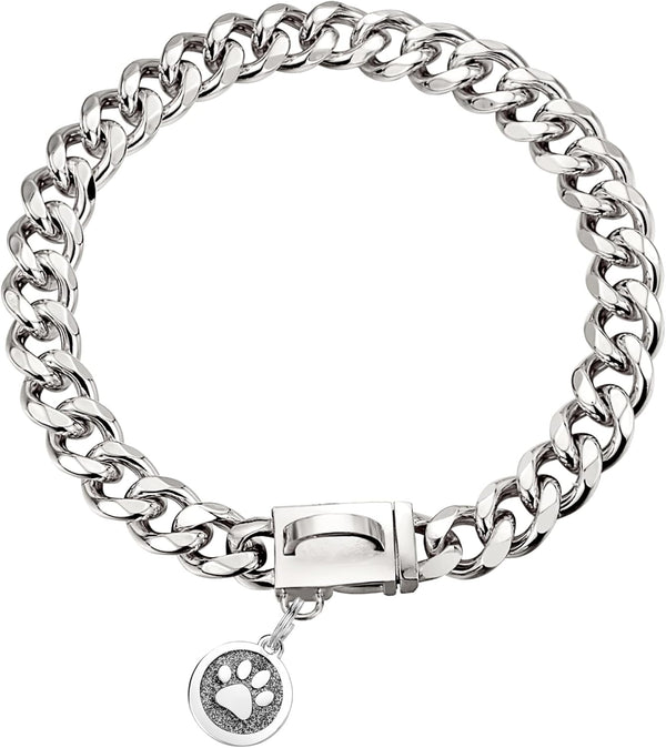 Chain Dog Collar - 15mm Silver Cuban Link with Snap Buckle, Silver Plated Stainless Steel, Includes Dog Tag & Bell (24")