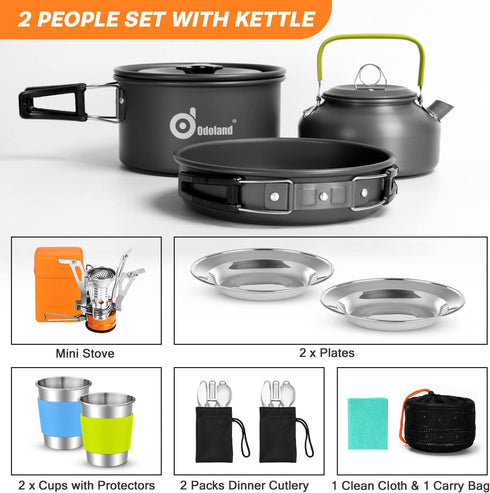 Odoland 16pcs Camping Cookware Set - Folding Camping Stove, Non-Stick Lightweight Pot Pan Kettle Set for Outdoor