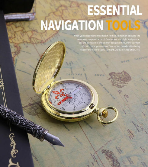 HKSWUTKW Brass Waterproof Golden Keychain Compass - Vintage Antique Design for Kids, Boy Scouts & Hiking - Survival