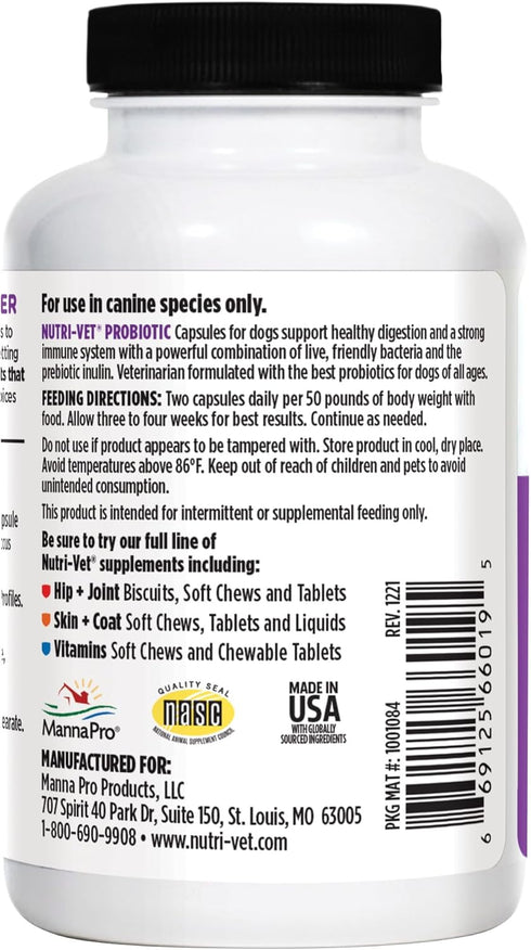 Nutri-Vet Probiotics Capsules for Dogs | Supports Digestive Health | For All Size Dogs | Promotes Healthy Immune System | Vet Formulated | 60 Count Capsules