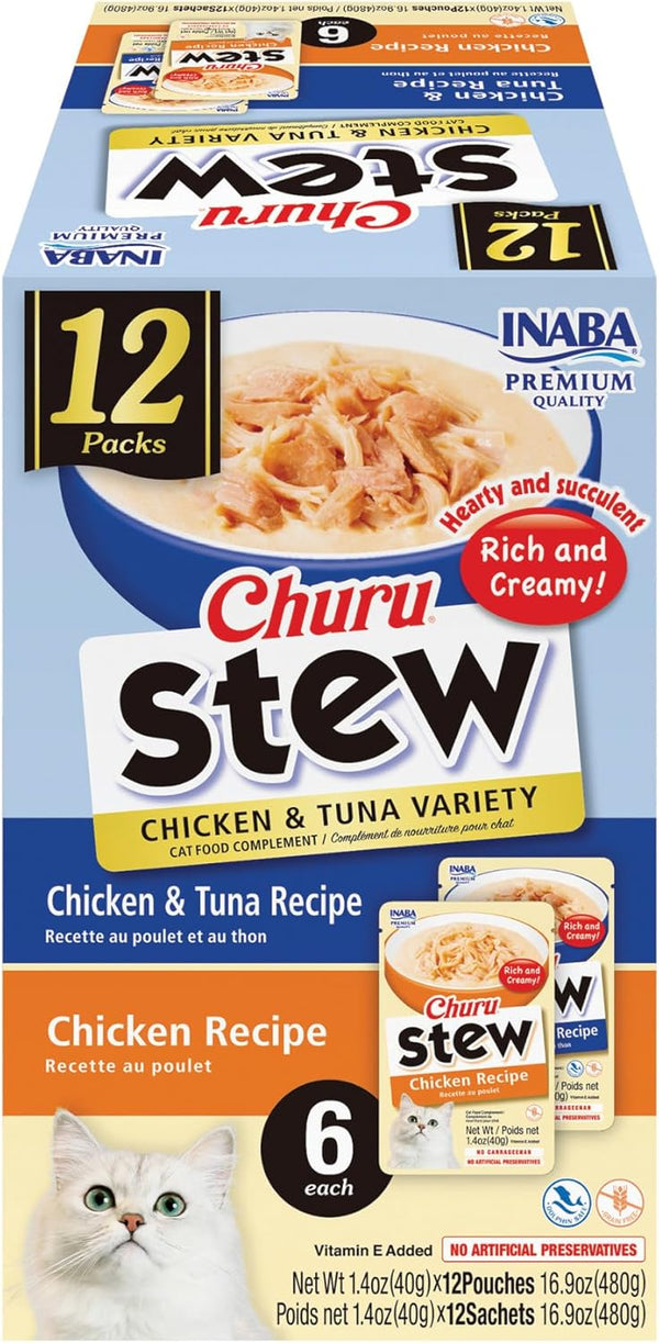 INABA Churu Stew for Cats, Broth Gelée with Shredded Chicken, 1.4 Ounces per Pouch, 12 Pouches