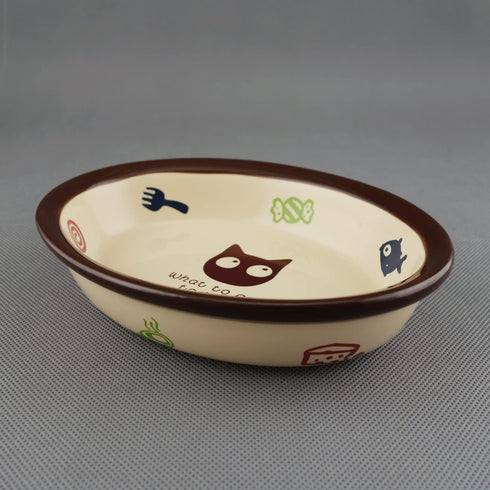 Oval Ceramic Cat Food Bowl, Cute Cartoon Pattern, Basic Dog & Cat Bowl, Small Pet Feeding Dishes, Dishwasher Safe