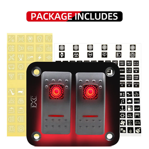 FXC Rocker Switch Aluminum Panel, 2 Gang Toggle Switches, 5 Pin ON/Off, 2 LED Backlit for Boat Car Marine