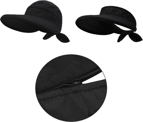 Womens Sun-Hats Summer UV Protection, Packable Visor Zip-Off 2 in 1 Detachable Wide Brim Outdoor Golf Beach Hat