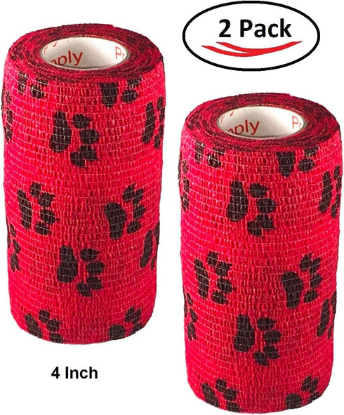 Vet Wrap Tape (Red with Paws) (2 Pack) (4 Inch x 15 feet) Self Adhesive Cohesive Flex Bandage for Pets