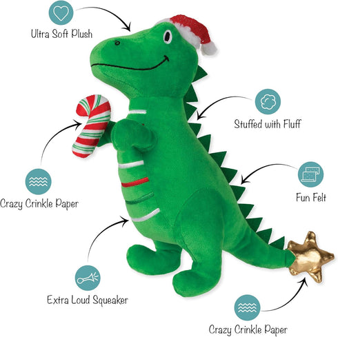 (314629) Fringe Studio Pet Toy, REX-MAS is HERE! Green Rex Plush Dog Toy, PetShop Collection