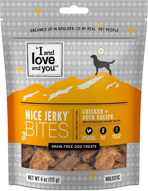 I and love and you Nice Jerky Bites, Chicken + Duck, Grain Free, Real Beef, Chewy Dog Treats, 4oz