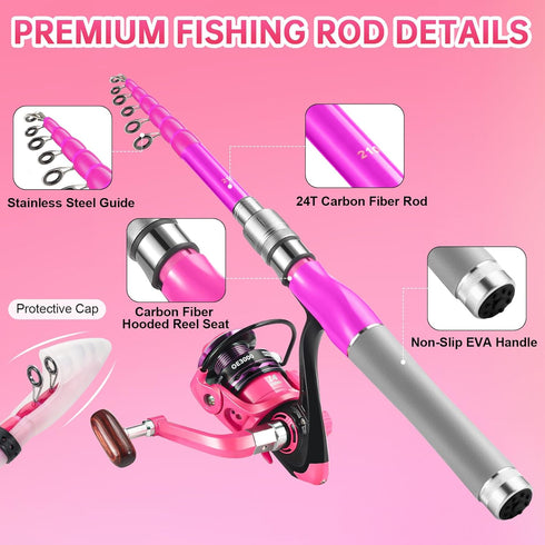 Lady Fishing Rod and Reel Combos, Carbon Fiber Telescopic Fishing Pole Kit with Spinning Reel, Fishing Line, Lures,