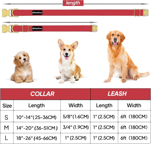 PetiFine Dog Collar and Leash Set, Adjustable Red Velvet Collar, Super Soft with Metal Buckle for Small Medium Large