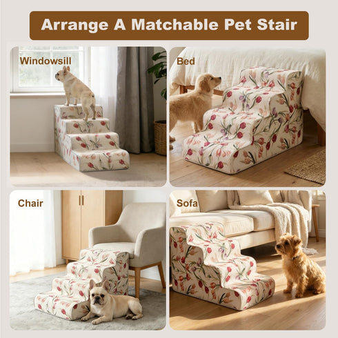 18" 4-Step 30D Country Dog Stairs for Bed & Couch H, Extra Long Dog Steps for Bed with Foam, Style Pet Stairs for Small