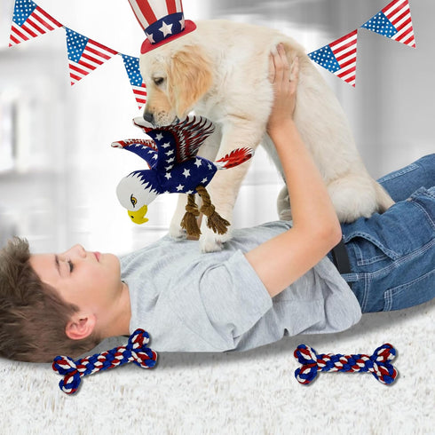 3 pcs Independence Day Pet Squeaky Toys, Plush Bald Eagle Toy with Crumpled Paper Squeaky Dog Interactive Toy for Small