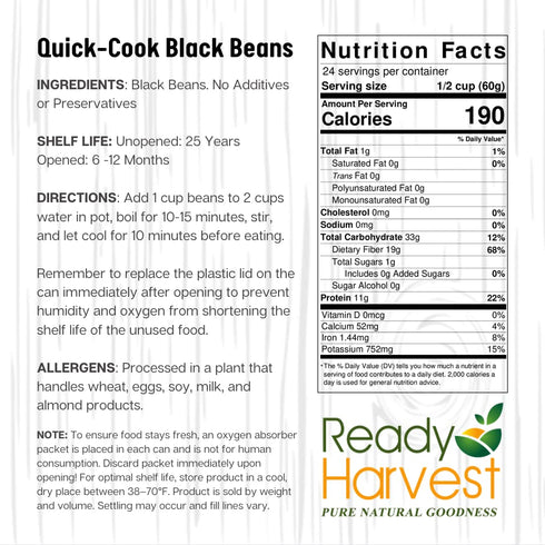 #10 25-Year 3 lbs Ready Harvest Emergency Food - Quick-Cook Black Beans | Pre-cooked Beans, Just add hot Water | Can |