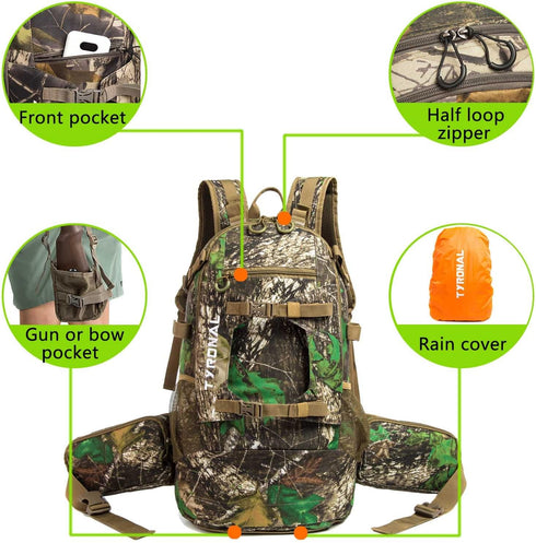 Hunting Backpack, Outdoor Gear Pack with Bow and Rifle Carry System, Camo-Khaki