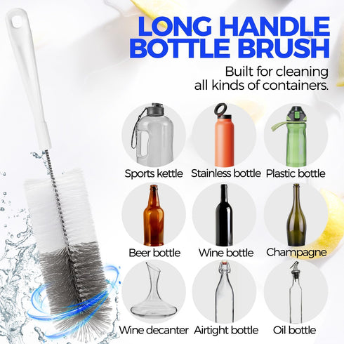 Holikme 10 Pack Bottle Brush Cleaner Set, 15" Long Handle Bottle Cleaner Brush, Flexible Long Handle Water Bottle Brush for Narrow Neck Beer Wine, Baby Bottle, 8 Straw Cleaner Brush, White Grey by Holikme