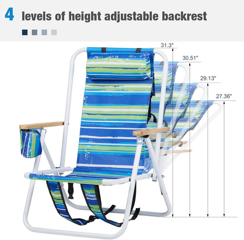 HEPMIMZHU Folding Beach Chair, Foldable Camping Chair with Headrest Cup Holder and Wooden Armrests