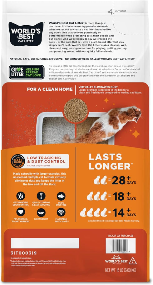WORLD'S BEST CAT LITTER, Low Tracking & Dust Control, Multiple Cat Unscented 15-Pounds, Quick Clumping