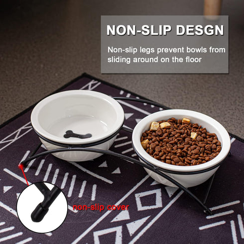 Elevated Cat Bowls Set, Ceramic Raised Cat Food Water Bowl with Metal Stand for Indoor Cats, 12 Ounces, Cute Paw Pattern